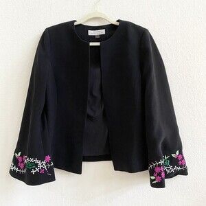 Tahari Black Floral Embroidered Open Front Lined Careerwear Jacket Blazer Sz 6‎
